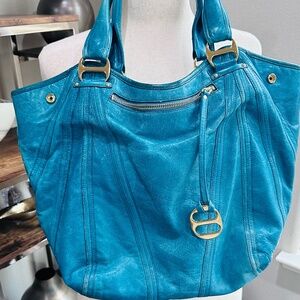 Kooba Italian Distressed Leather Shoulder Bag in Turquoise with Gold Hardware